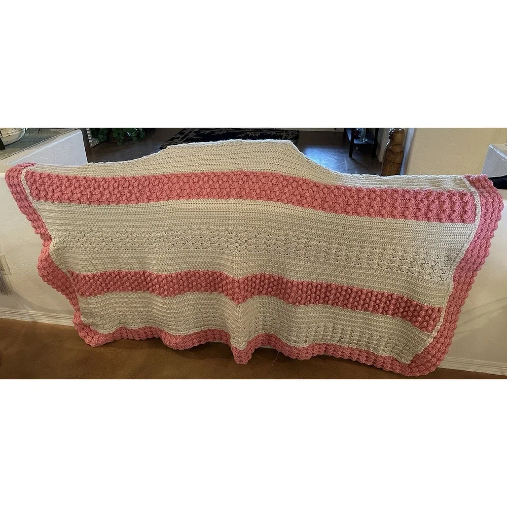 Afghan Crochet Blanket Twin Bedspread Pink Ivory/Beige Stripe French Knot ~75X99